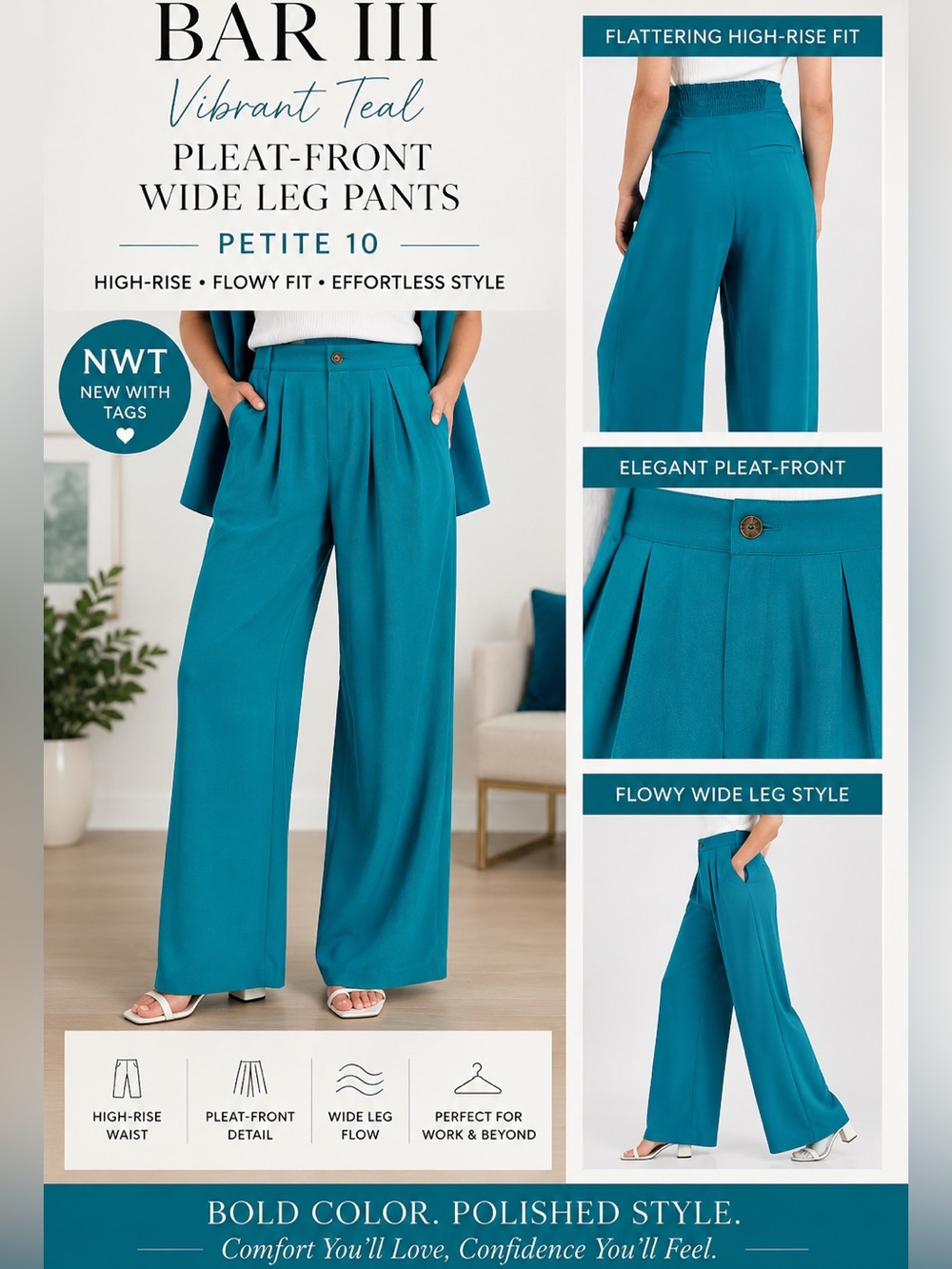 Bar III Teal Wide Leg Pants Petite 10 NWT High Rise Pleated Career